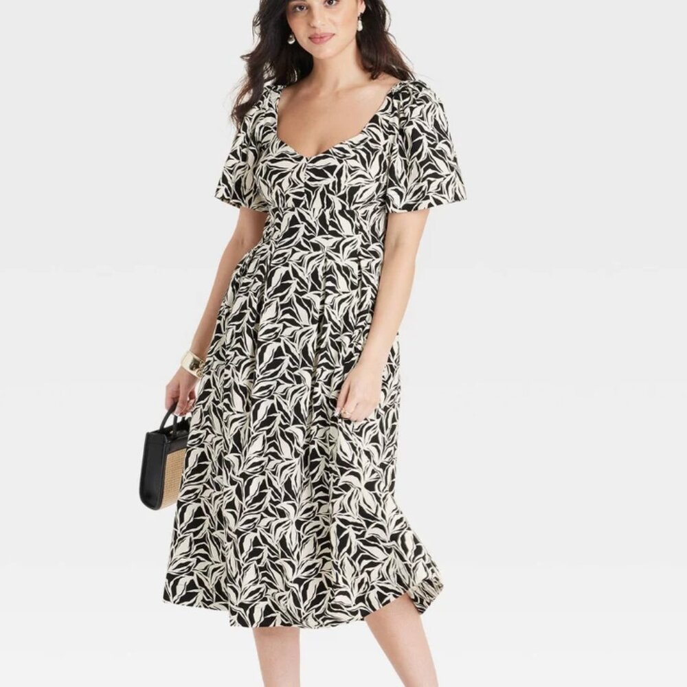 a new day Black and White Floral Women's Short Sleeve Midi Dress/NWT/6